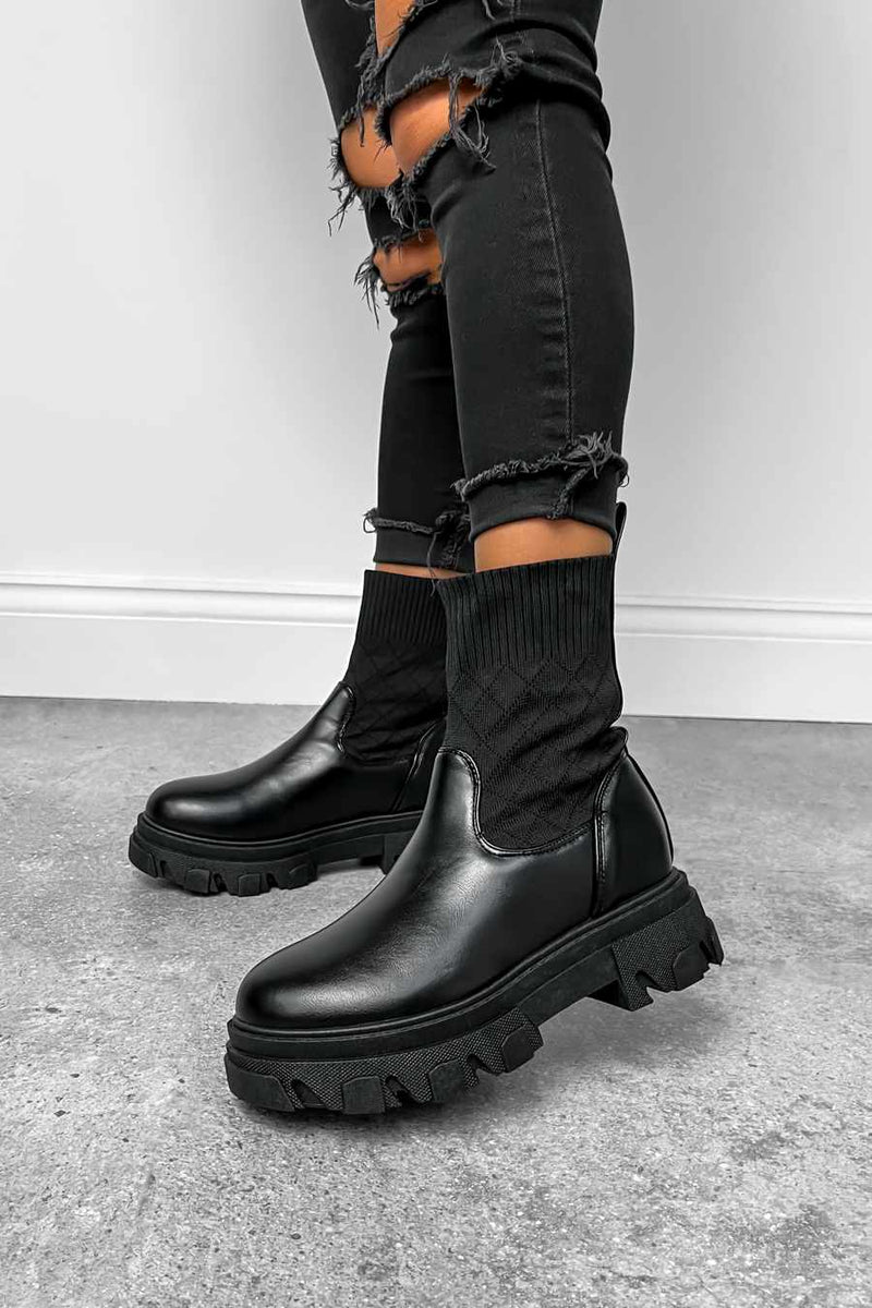 CHAOS Chunky Sock Fit Ankle Boots - Black PU