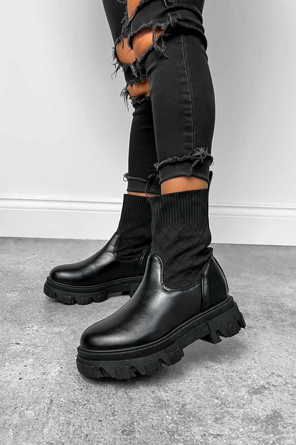 CHAOS Chunky Sock Fit Ankle Boots - Black PU