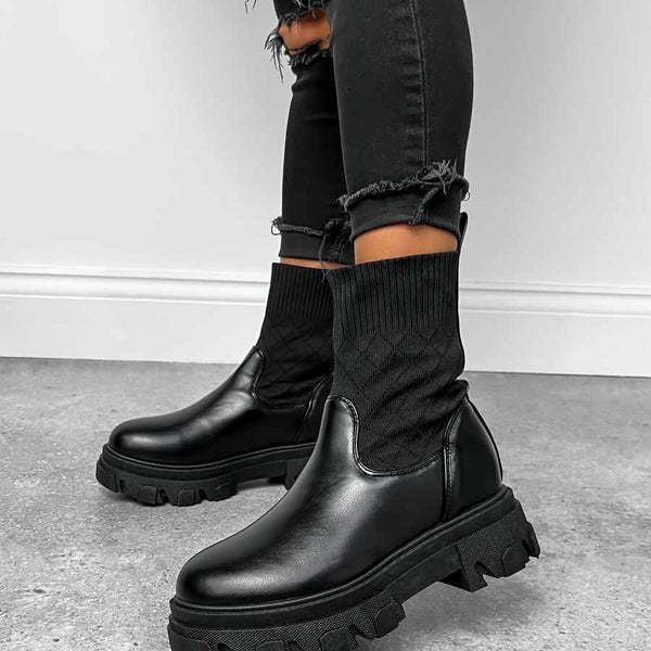 CHAOS Chunky Sock Fit Ankle Boots Black PU AJ VOYAGE