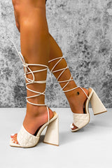 CHI Lace Up Flared Block Heels - Beige-2