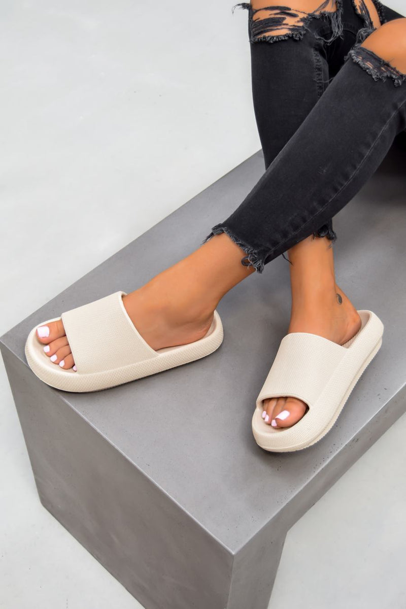 CLARA Flat Slider Sandals - Beige - 1