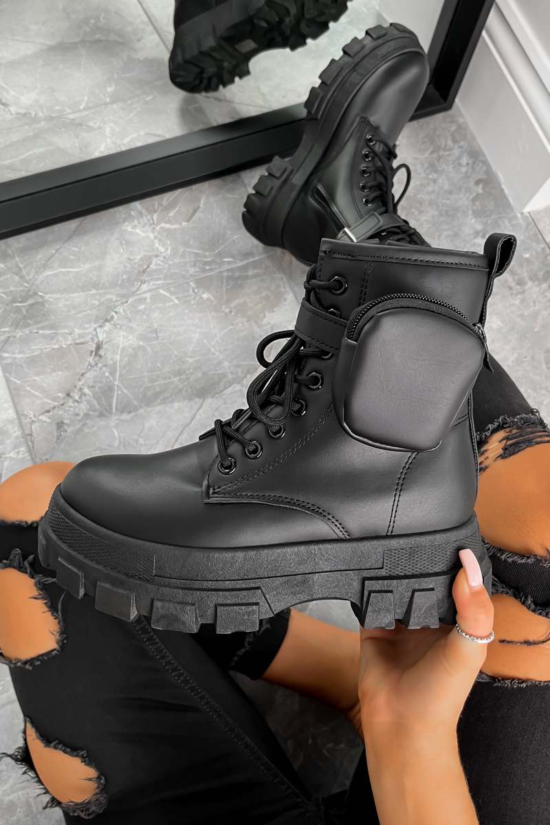 COMMAND Chunky Platform Pocket Detail Ankle Boots - Black PU