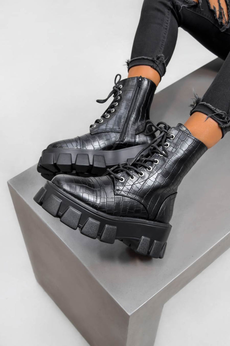 COMMANDER Chunky Platform Lace Up Boots - Black Croc PU - 1