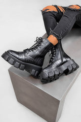 COMMANDER Chunky Platform Lace Up Boots - Black Croc PU - 2