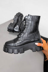 COMMANDER Chunky Platform Lace Up Boots - Black Croc PU