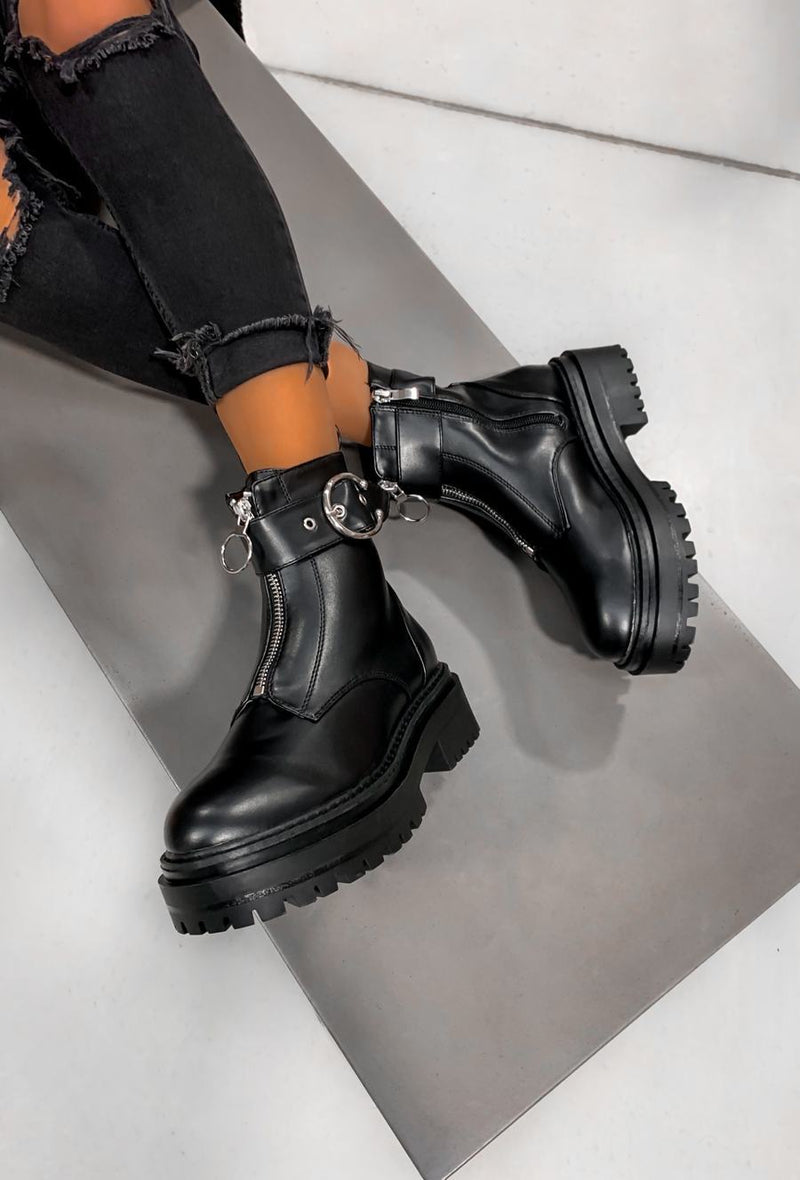 CONTENDER Zip Front Chunky Ankle Boots - Black PU