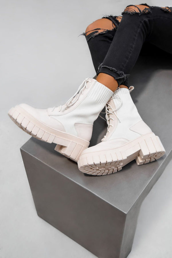 Chunky Platform Sock Fit Ankle Boots - Beige-1