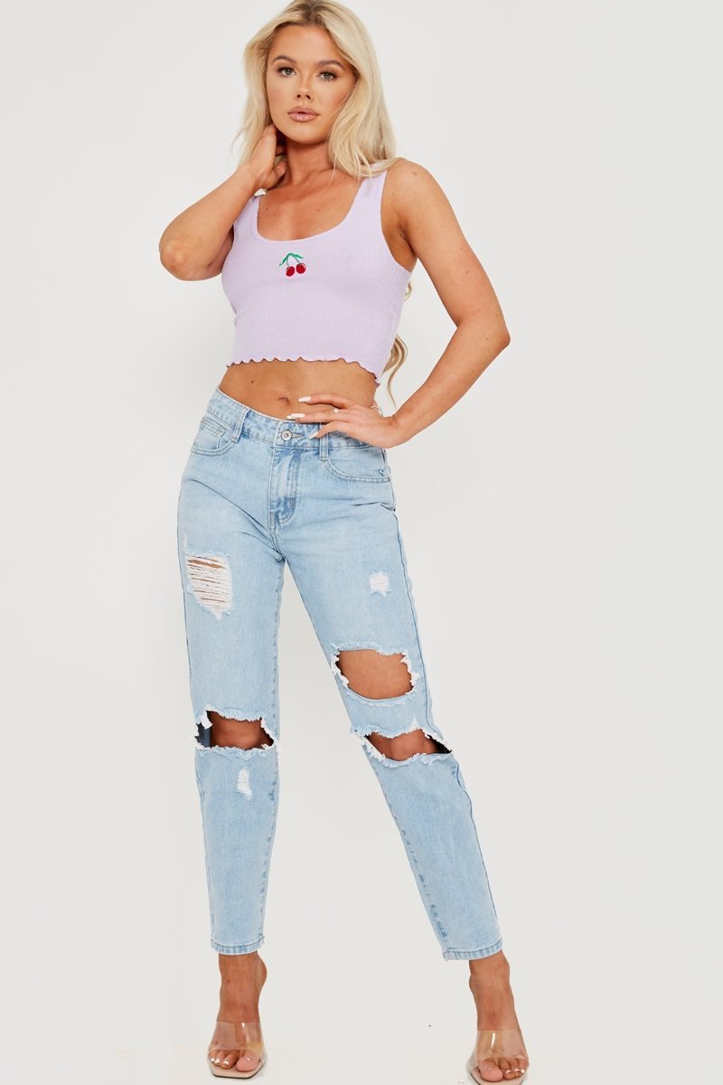 Cut Out Ripped Denim Jeans - Blue