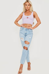 Cut Out Ripped Denim Jeans - Blue - 2