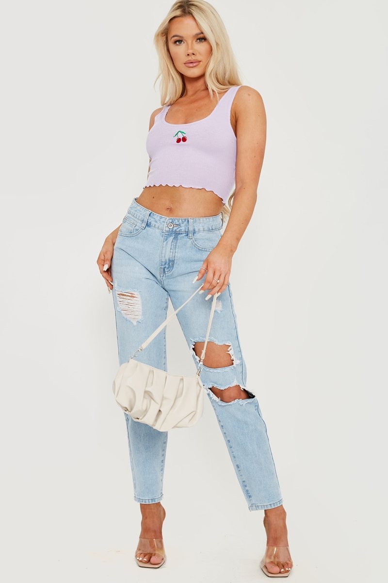 Cut Out Ripped Denim Jeans - Blue - 1
