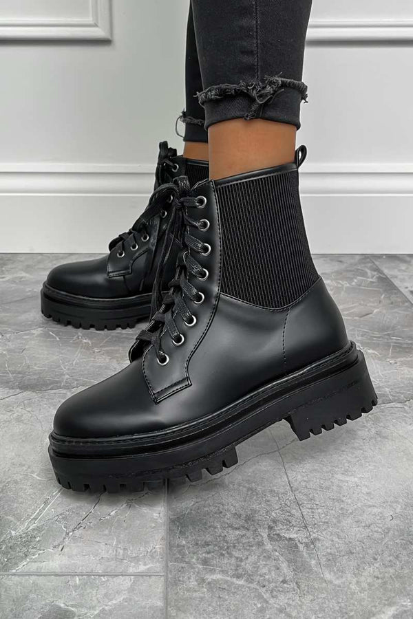 DAKOTA Lace Up Chunky Ankle Boots - Black PU - 2