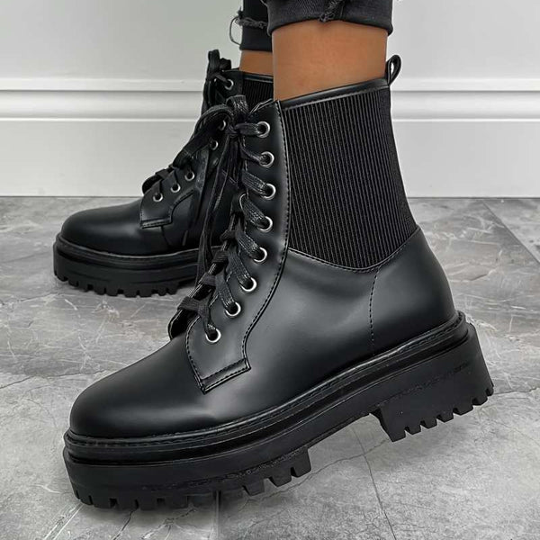 DAKOTA Lace Up Chunky Ankle Boots Black PU