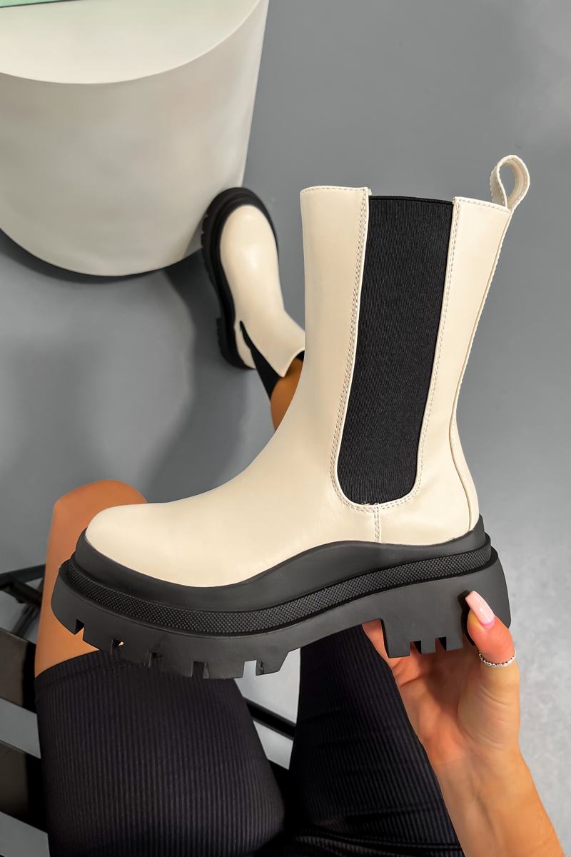 DARBY Chunky Mid Chelsea Boots - Beige PU - 1