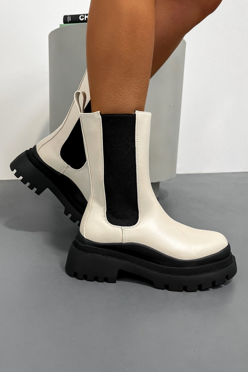 DARBY Chunky Mid Chelsea Boots - Beige PU