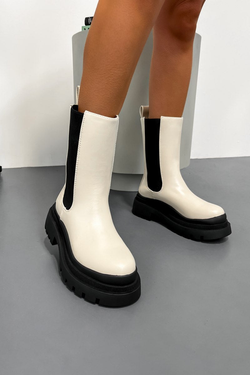 DARBY Chunky Mid Chelsea Boots - Beige PU - 3