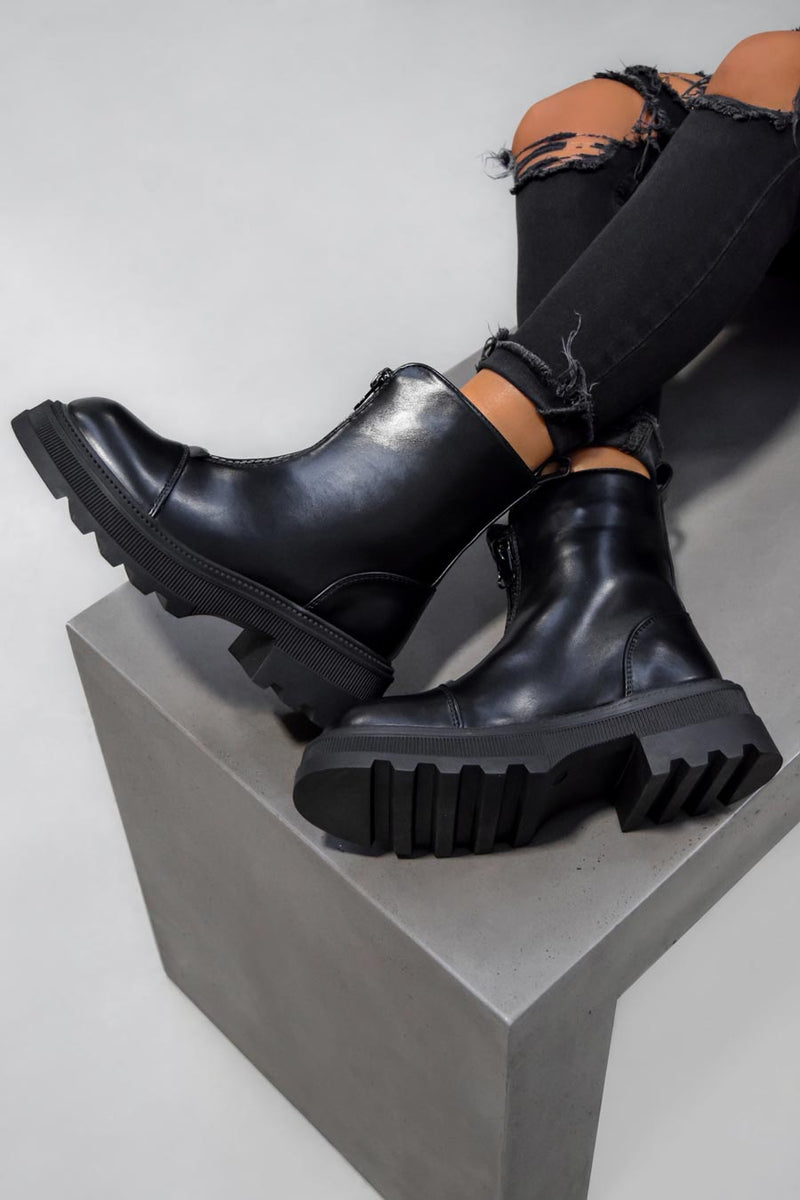 DELEGATE Chunky Sole Zip Front Ankle Boots - Black PU
