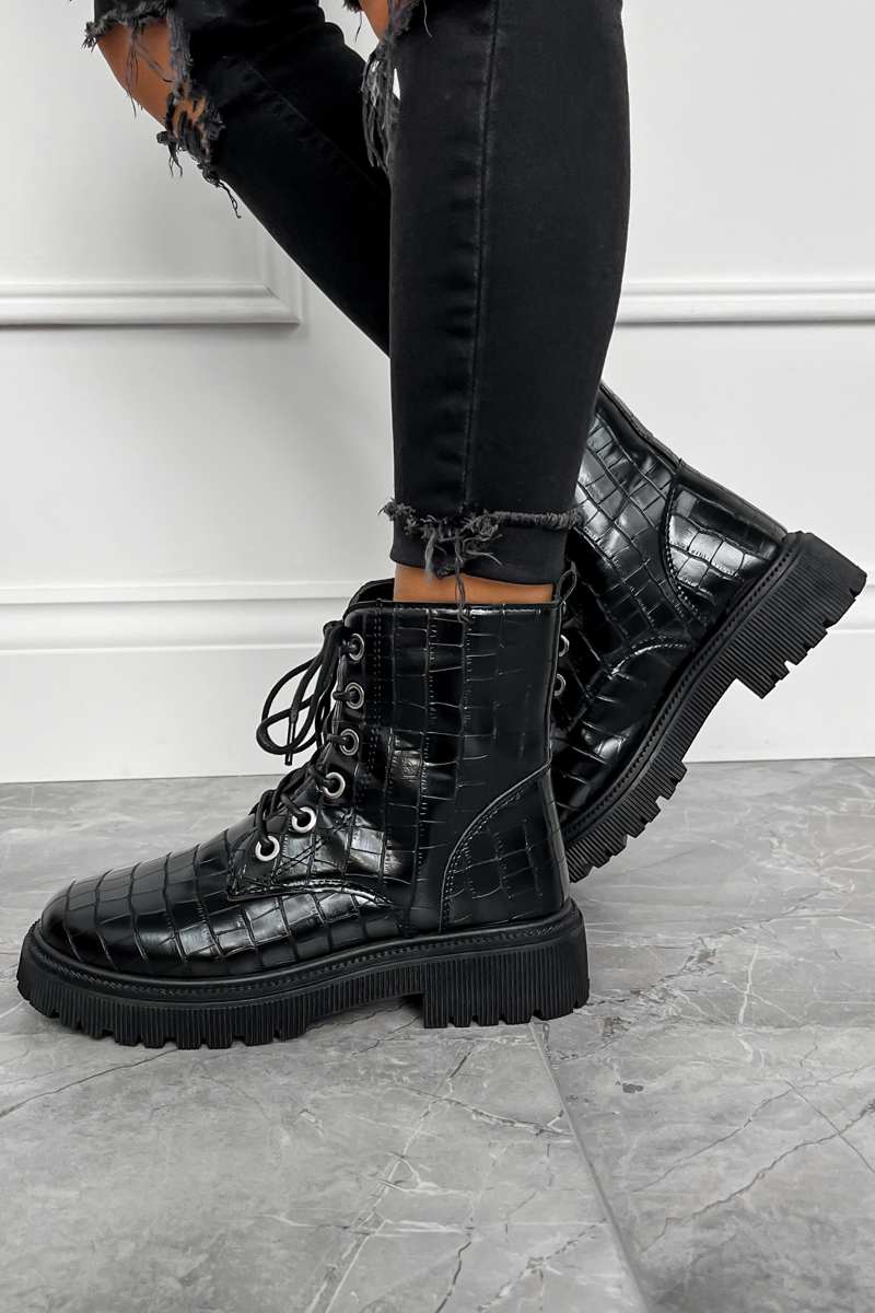 ELLA Chunky Ankle Boots - Black Croc - 1