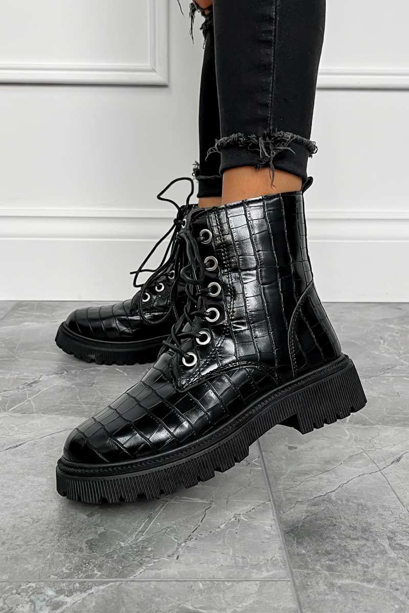 ELLA Chunky Ankle Boots - Black Croc - 2