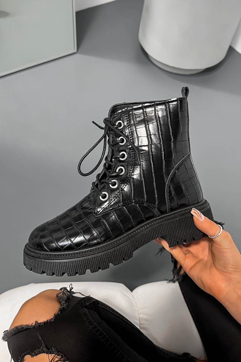 ELLA Chunky Ankle Boots - Black Croc - 3