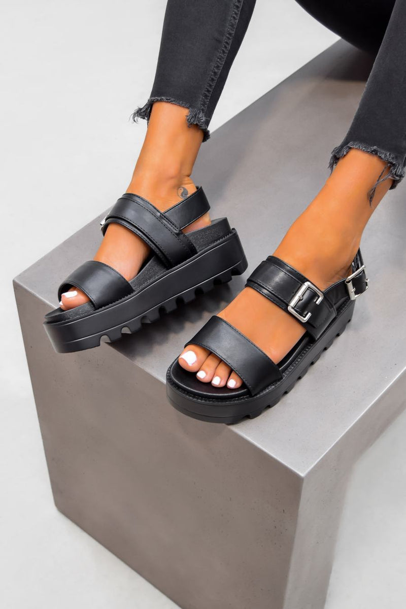 GABRIELLA Chunky Cleated Platform Buckle Sandals - Black - 1