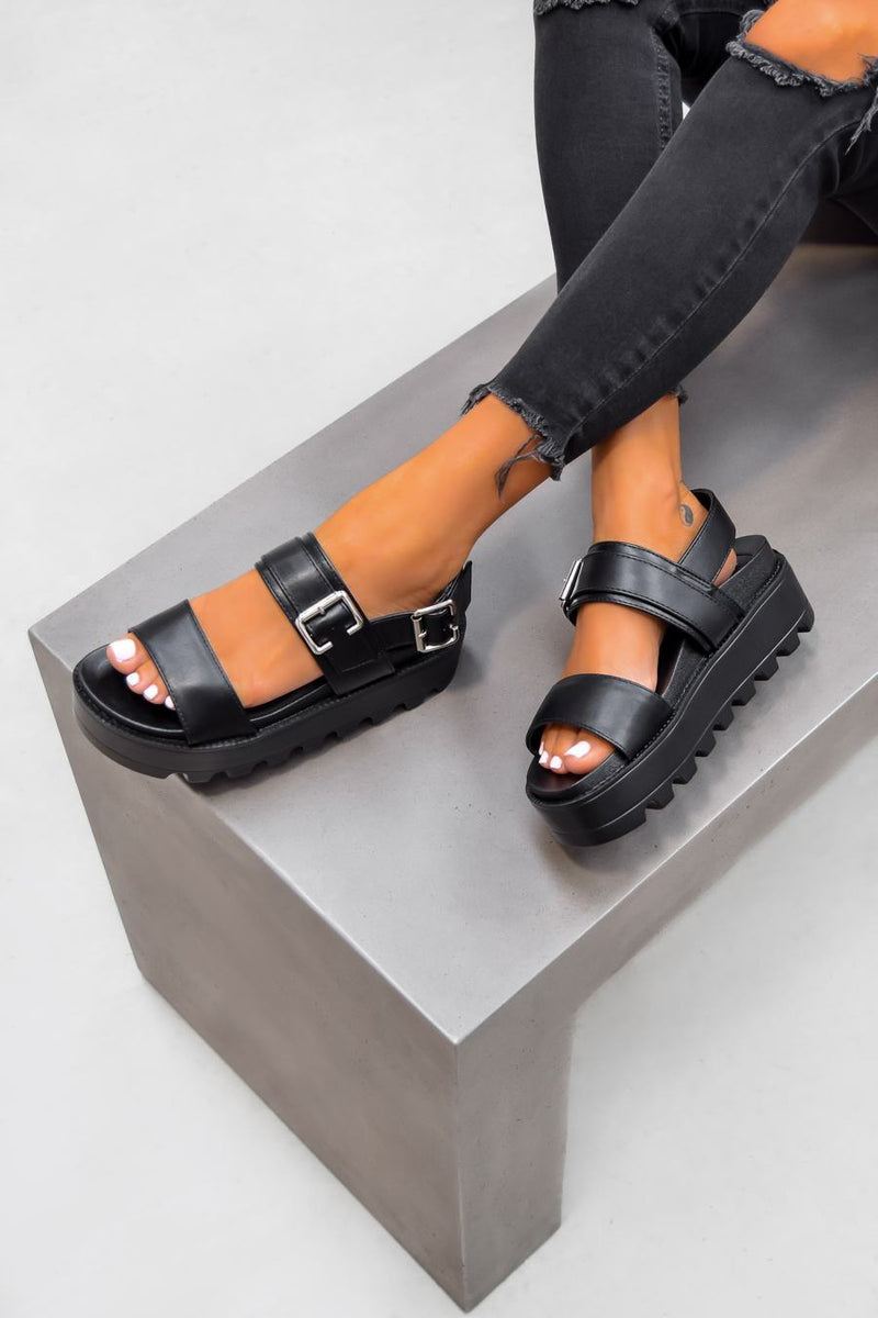 GABRIELLA Chunky Cleated Platform Buckle Sandals - Black - 2
