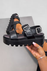 GABRIELLA Chunky Cleated Platform Buckle Sandals - Black