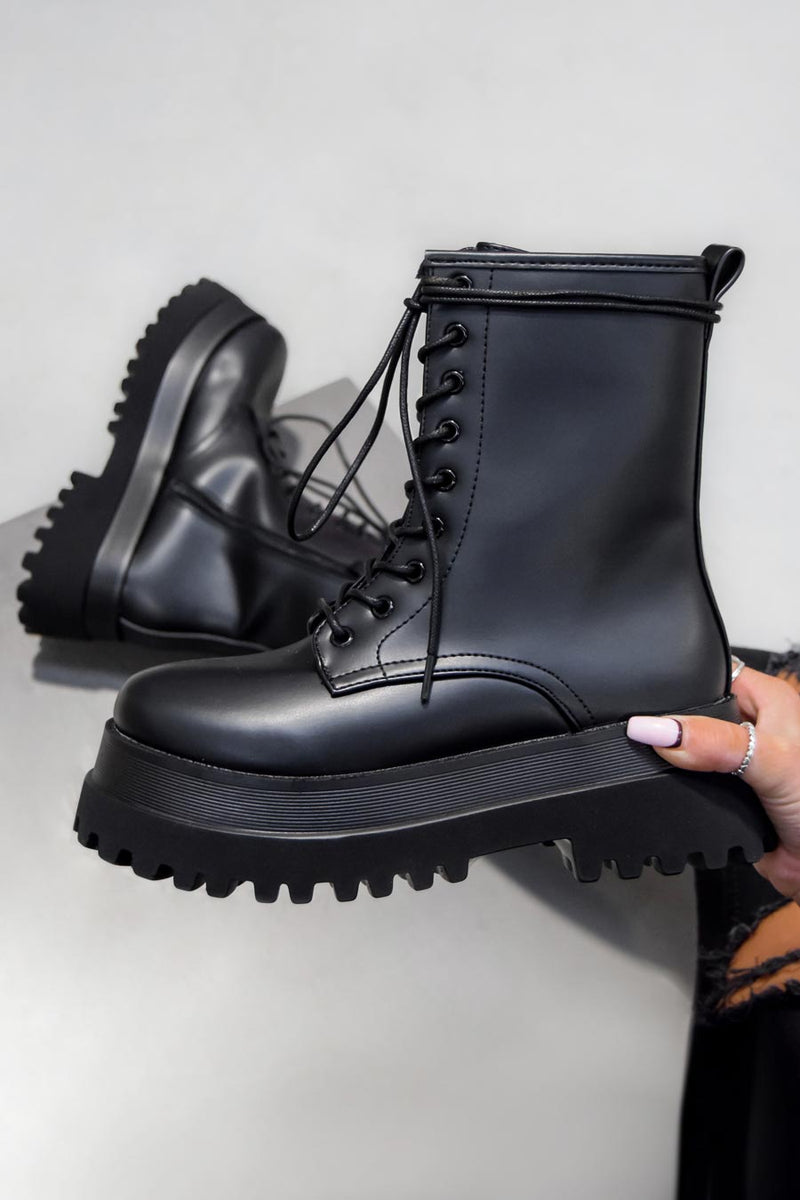 HOLD ON Chunky Sole Ankle Boots - Black PU