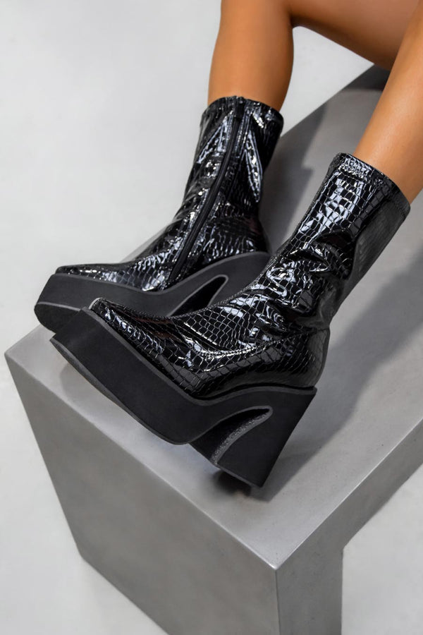 HOLD UP Platform sock Fit Boots - Black Croc Patent-1