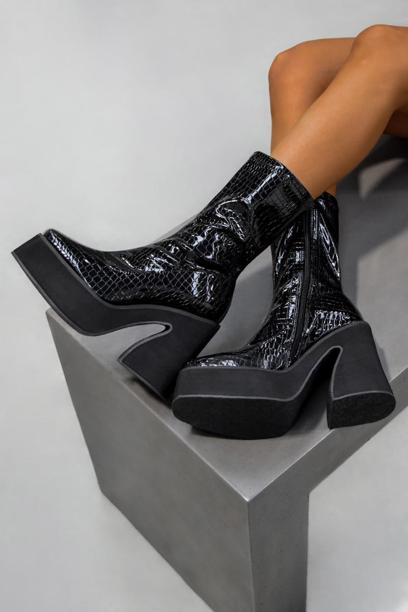 HOLD UP Platform sock Fit Boots - Black Croc Patent-2