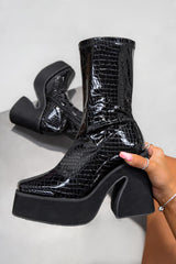 HOLD UP Platform sock Fit Boots - Black Croc Patent