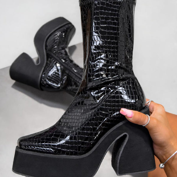 Patent cheap snakeskin boots
