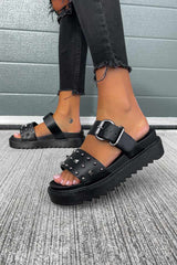 HOLD ON Chunky Studded Buckle Sandals - Black