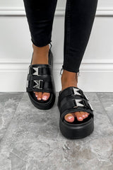 IONA Chunky Silver Buckle Sandals - Black - 3