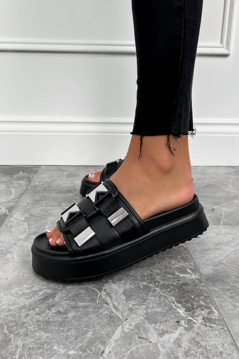 IONA Chunky Silver Buckle Sandals - Black - 1