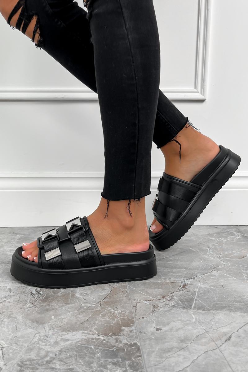 IONA Chunky Silver Buckle Sandals - Black - 2