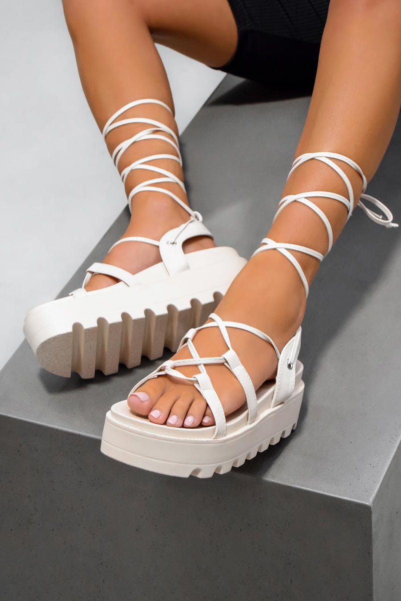ISOBEL Chunky Platform Tie Up Gladiator Sandals - Cream-1