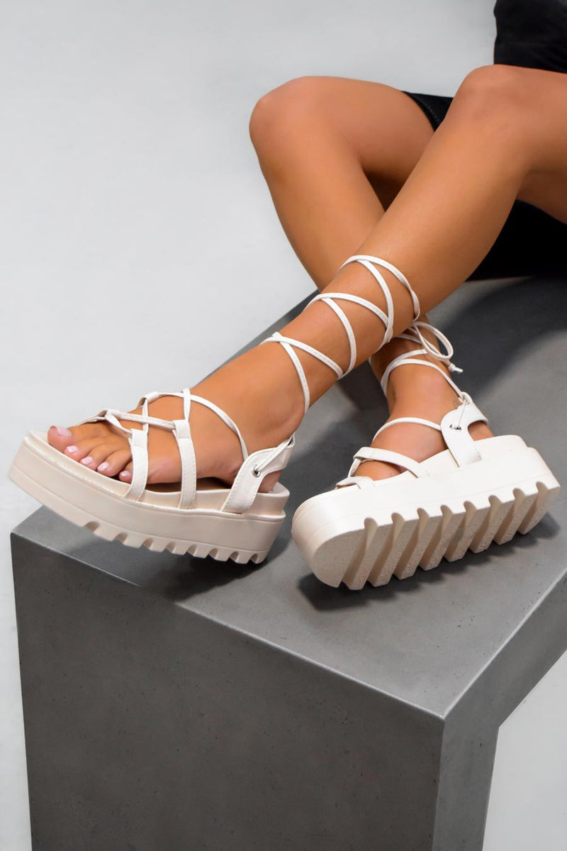 ISOBEL Chunky Platform Tie Up Gladiator Sandals - Cream