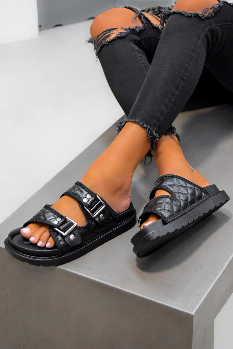 KADY Chunky Quilted Velcro Sandals - Black