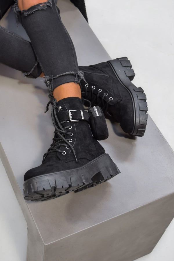 KARMA Chunky Platform Pocket Detail Ankle Boots - Black Suede - 1