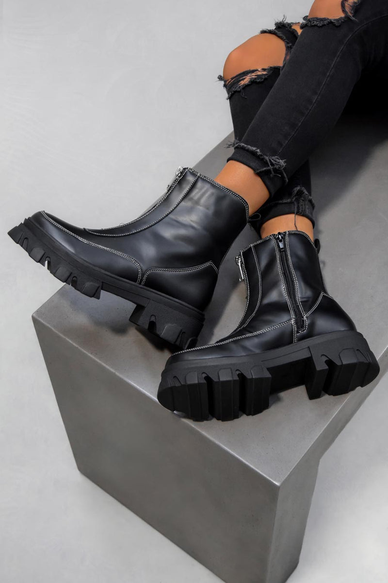 KAYA Zip Front Ankle Boots - Black PU-2