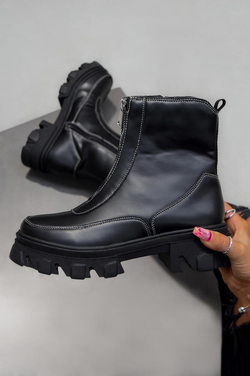 KAYA Zip Front Ankle Boots - Black PU