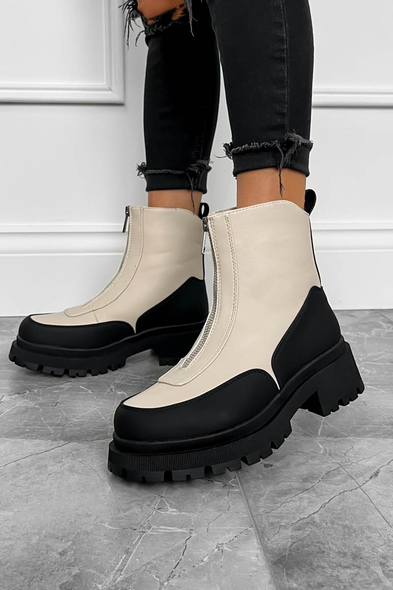 KAYLIE Zip Front Ankle Boots - Beige PU â AJ VOYAGE