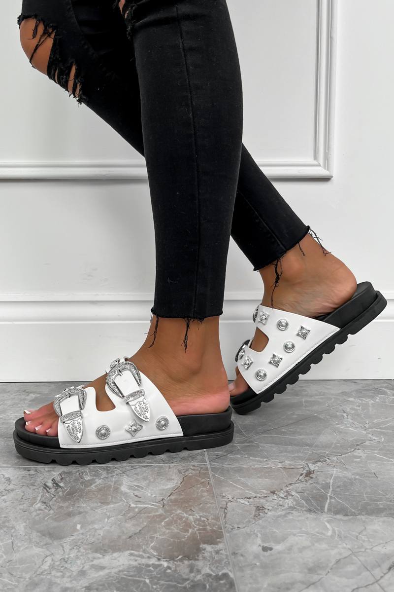KIKI Chunky Studded Buckle Sandals - White