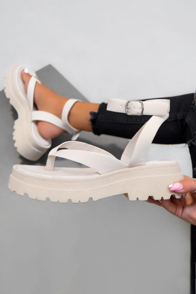 LEONA Chunky Toe Post Sandals - Beige-1