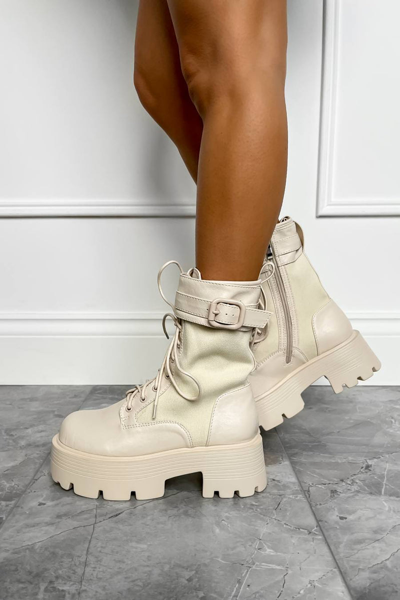 LEONNA Chunky Buckle Ankle Boots - Beige - 1