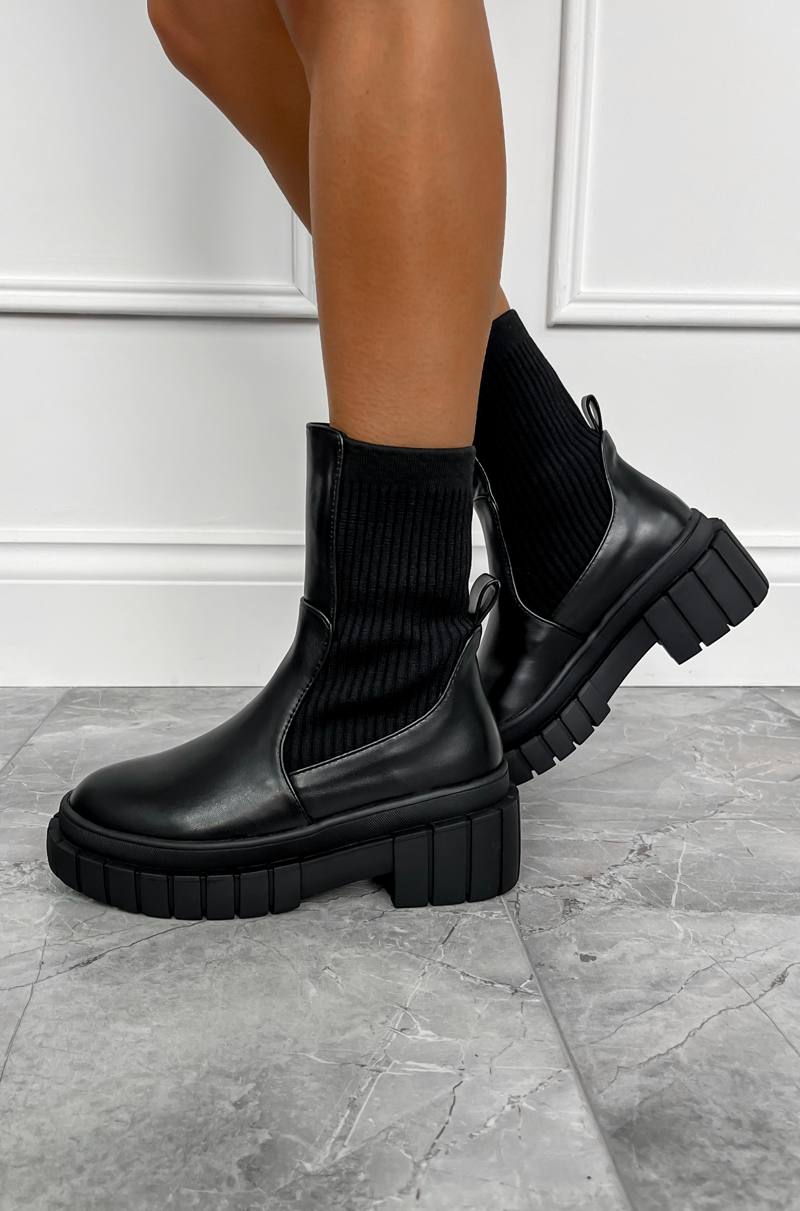 LILA Chunky Sock Fit Ankle Boots - Black