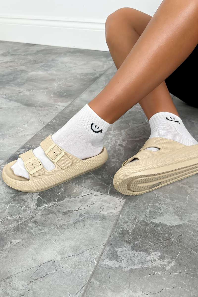 MABLE Flat Slider Sandals - Beige - 4