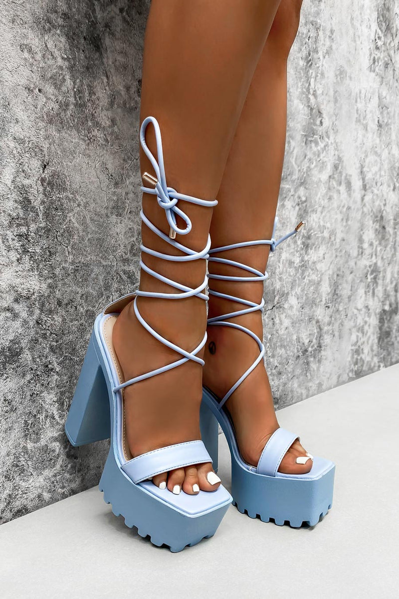 MARCELLE Chunky Platform Lace Up Heels - Blue