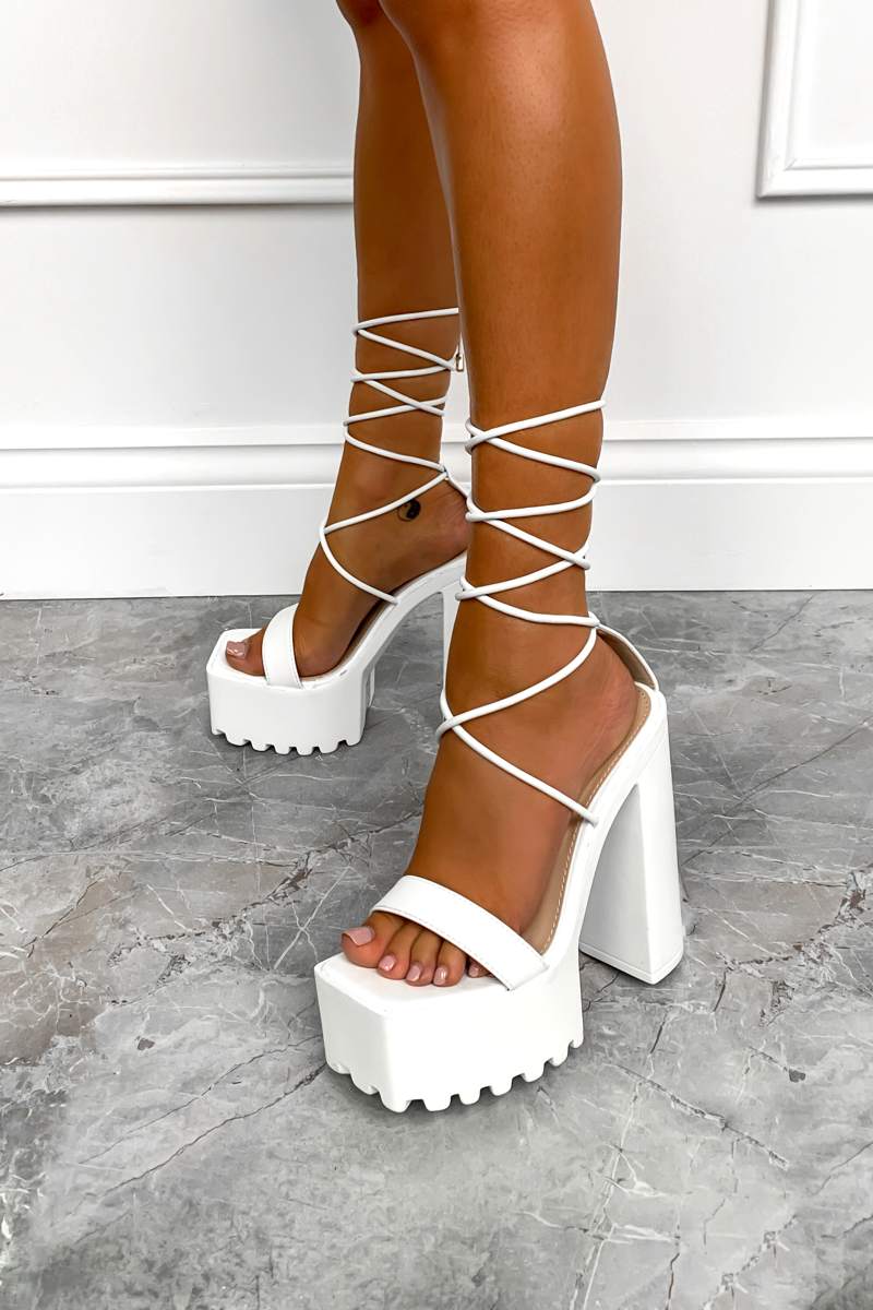 MARCELLE Chunky Platform Lace Up Heels - White - 3