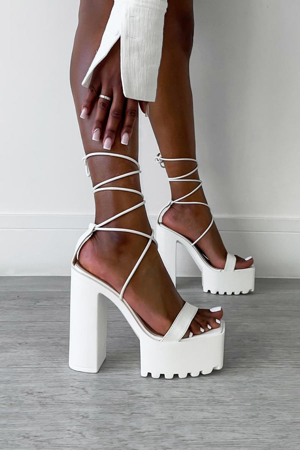 MARCELLE Chunky Platform Lace Up Heels - White - 1